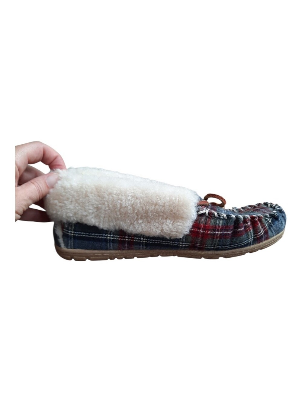 L.L. Bean Wicked Good Moccasins Plaid Flannel Lamb Shearling Slippers Size 9